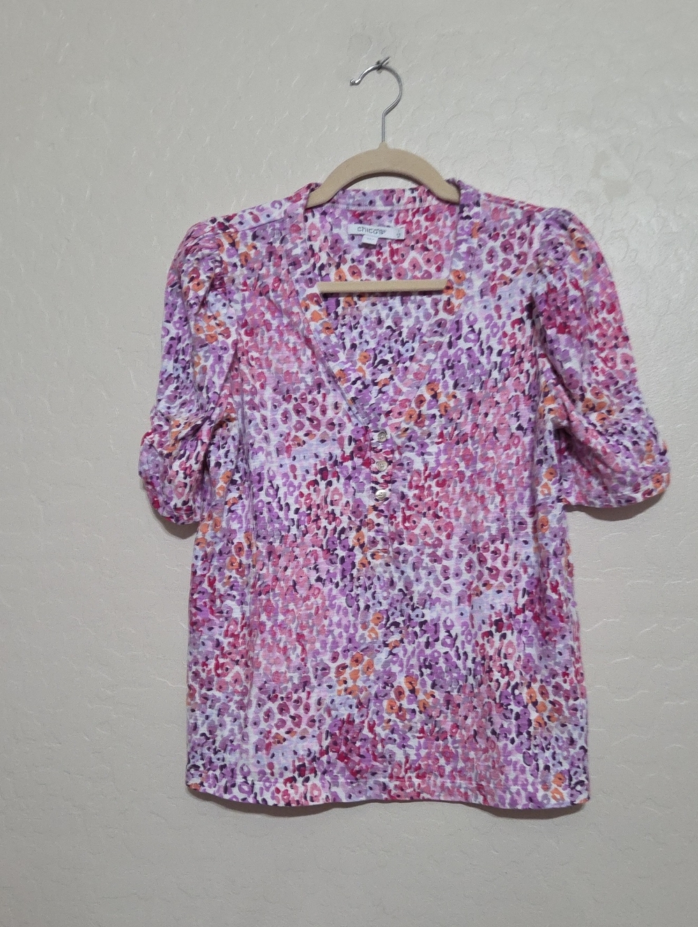 Chico's Pink, Purple & Orange Floral V-Neck Puff Sleeve Top